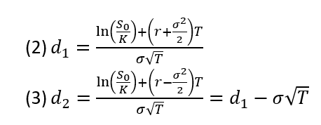 (2) d1 = [ln(S0/K)+(r+(sigma^(2)/2)xT]/sigma^(1/T) (3) d2 =[ln(S0/K)+(r-(sigma^(2)/2)xT]/sigma^(1/T)